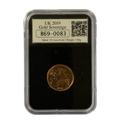 A 2019 encapsulated uncirculated full sovereign, Datestamp.