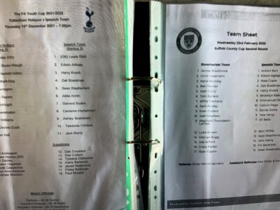 Ipswich Town Youth Away Football Programmes: Rare private collection of Under 18 21 and Youth Cup programmes and colour team sheets from 2015 to 2024. Unwritten in excellent condition. (96)