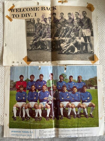 Ipswich Town Football Autographs: Promotion team of 60/61 removed from magazine and stuck down to paper. Includes a couple of team groups signed by 11 and a few individual players.