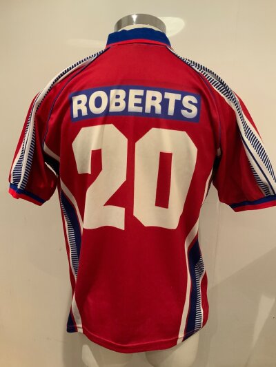 Panionos 1998/99 Match Worn Football Shirt: Red Short Sleeve with number 20 Roberts to rear. Worn by Wales international Gareth Roberts who was signed by his former team maté Ronnie Whelan on his release from Liverpool.