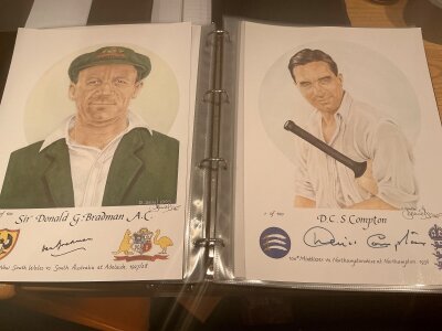 Limited Edition Cricket Prints Number 1 of 100: Produced in 1995 by Dean and include hand signed prints of Bradman Compton Graveney Cowdrey Edrich Boycott Turner Amiss Gooch and Abbass. Comes with 13 unsigned prints all numbered 1 of 100. Each player scored 100 first class centuries. (23)