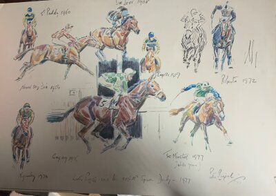 Lester Piggot Derby Winners Horse Racing Large Display: Thick board picturing 8 Epsom Derby winners featuring Nijinsky and others on this attractive large printed display by Peter Biegel in 1977. Measures 35 x 24 inches with slight damage to edge.