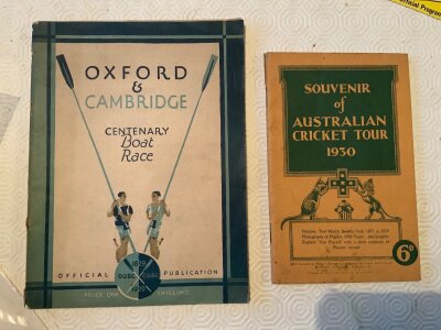 Sports Programmes: Wide ranging including 1929 Oxford v Cambridge boat race, 1930 Australian cricket tour, 3 x 1939 Wimbledon speedway one a couple of days before war was declared plus post war speedway ice hockey athletics and more.