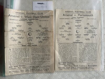 Arsenal 1934 - 1935 Reserve Home Football Programmes: Possibly complete with 20 usual style red covered programmes and 2 single sheets v West Ham (poor) and Portsmouth. Please note 11 of the red covered programmes have 2 punch holes. (22)