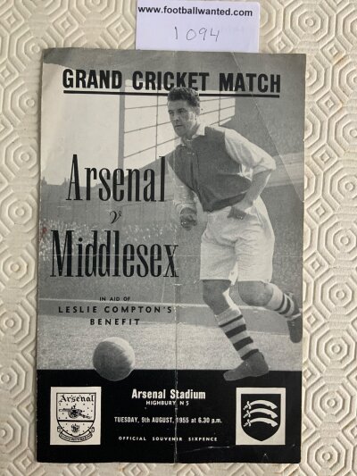 55/56 Arsenal v Middlesex Cricket Programme: Leslie Comptons benefit match at Highbury Arsenal on 9 8 1955. Four pager in fair/good condition with folding but no writing.