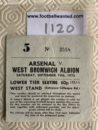 70/71 Arsenal (Double Season) v West Brom Football Ticket: League match ticket dated 19 9 1970 has fold.