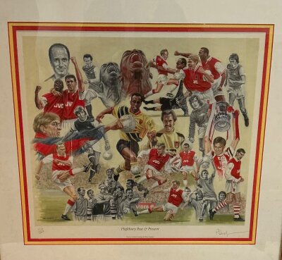 Arsenal Past + Present Framed Football Print: Highbury Past and Present print signed by the artist Deighan. Lovely item double mounted with all the favourites. Measures 72 x 66cm.