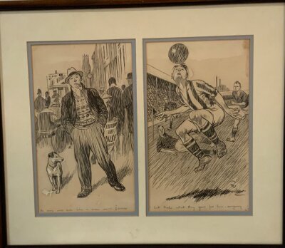 Arsenal Original Ink Sketches Of David Jack: Two framed sketches by James Thorpe of David Jack who was the first £10,000 footballer. Frame measures approximately 16 x 14 inches.