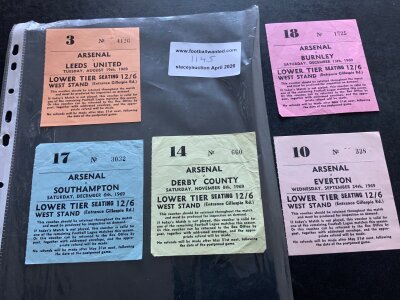 Arsenal 1969 - 1970 Home Football Tickets: Matches versus Leeds Everton Burnley Southampton and Derby in good condition. (5)