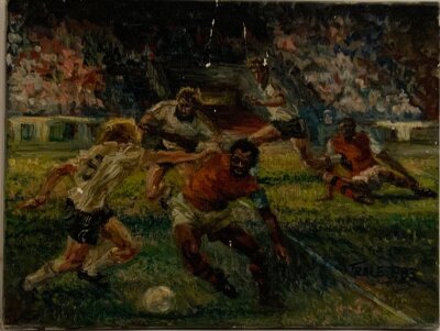 Arsenal v Manchester United 1983 Oil Painting: Depicting match action of the 1983 FA Cup semi final. Measures approximately 16 x 12 inches. Minor damage to the front