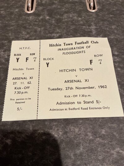 Hitchin v Arsenal 1962 Football Ticket: Unused ticket for the friendly match played on 27 November 1962. Match played for the inauguration of floodlights. Instructions to sell.