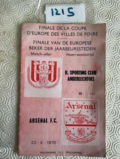 1970 Fairs Cup Final Football Programme: Anderlecht v Arsenal dated 22 4 1970 in good condition with no writing,
