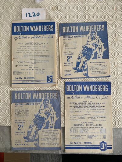 Bolton v Arsenal Football Programmes: 47/48 49/50 and 51/52 all good plus 56/57 with hole punches. No writing. (4)