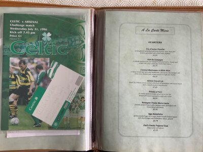 1996 Celtic v Arsenal Football Memorabilia: Programme and ticket for the pre season challenge match plus a large leather bound menu for the Wilfred Restaurant at the ground which gives access to the trophy rooms.