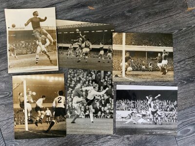 Arsenal Signed + Press Photos: A large official 83/84 team group with the card being signed by 15. Press photos include 2 very large black and white photos from the 1971 FA Cup final and six 10 x 8 photos with 5 having press stamps to rear.
