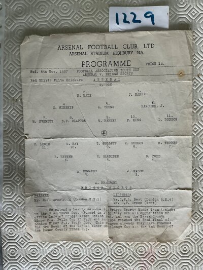 57/58 Arsenal v Briggs Sports Football Programme: Large single sheet for Youth Cup match at Highbury. No writing but plenty of tears and folds.