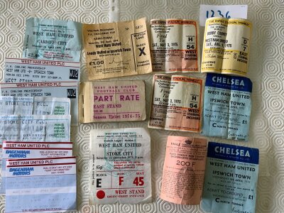 West Ham Football Tickets: Season ticket for FA Cup winning season of 74/75 plus for the same season 2 cup final tickets, first semi final, 2 semi final replays at Chelsea, Charity Shield and the season after the ECWC final in Brussels and a few more modern tickets. Folding. (16)