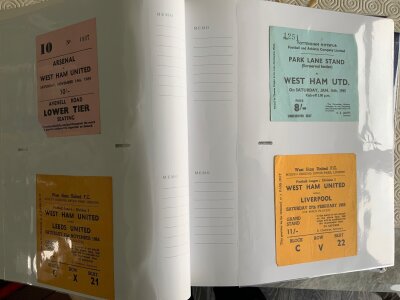 West Ham Football Ticket Collection: Some great tickets from 61/62 Malmo and a further 60 through the 1960s to include directors box tickets. There are over 90 from the 70s to include rare Texaco Cup 1974 v Orient and Luton. Testimonials of Brooking St Pier Bonds Martin Hilton Moore Memorial, friendlies v 1967 Kilmarnock, 1983 Dundee Utd, European including 75/76 ECWC final in Belgium, Den Haag home and away, Fiorentina, Eintracht away, 80/81 Castilla away, 86/87 Den Haag friendly away, 92/93 Cremonese away, promotion home match v Cambridge. Must view lot in 3 display folders. (480)