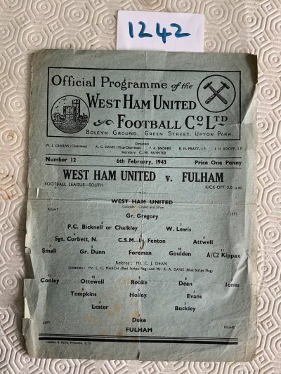 42/43 West Ham v Fulham Football Programme: Poor/fair condition league south single sheet with no team changes. Lots of small tears to edges.