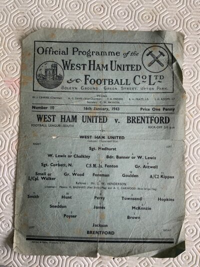 42/43 West Ham v Brentford Football Programme: Poor/fair condition league south single sheet with no team changes. Lots of small tears to edges.