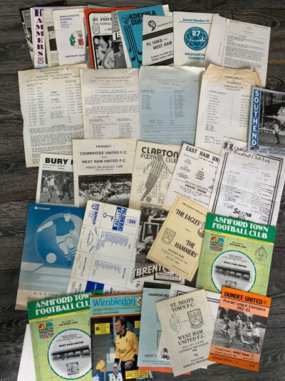 West Ham Away Friendly Football Programmes: Includes 1988 Finnair Cup tournament, 86/87 St Neots, 85/86 East Ham, Cambridge Utd, Clapton, 84/85 Bury, 83/84 Walthamstow, East Ham and more. Good condition. (40(