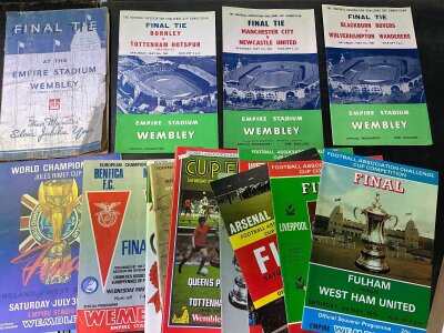 FA Cup + Big Match Football Programmes: FA Cup finals include a tatty 1935 then excellent condition 1955 1960 1962 and 14 more modern plus a 1966 World Cup finals include, 1968 European Cup final and more.