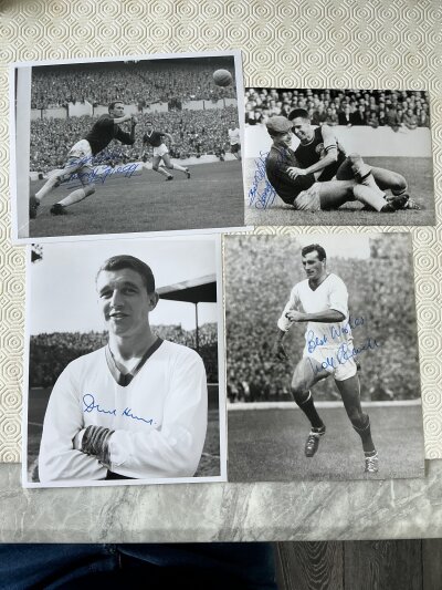 Manchester United 1960s Signed Football Photos: All black and white photos mainly with press stamps to rear but produced much later. Large photos include autographs of Cantwell Gregg Herd Setters Scanlon with smaller photos to include Gaskell Quixall Dunne and more. 16 photos without dedication.
