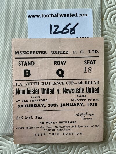 55/56 Manchester United Youth  v Newcastle Football Ticket: Rare ticket for FA Youth Cup match dated 28 1 1956 played ant Old Trafford. Excellent with light fold. Man Utd went on to win the Youth Cup.