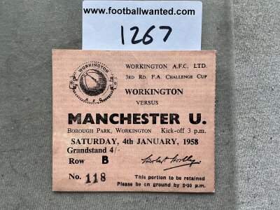 57/58 Workington Manchester United FACup Football Ticket: Excellent condition Busby Babes rare ticket for 3rd round match at Workington. Manchester United in this Munich Tragedy season got to the final. Tiny marks to rear corners.