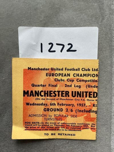 56/57 Manchester United v Athletic Bilbao Football Ticket: European Cup ticket dated 6 2 1957 in good condition. Light folding.