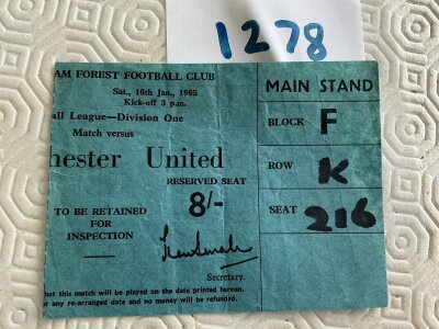 64/65 Nottingham Forest v Manchester United Football Ticket: Good condition league match ticket dated 16 1 1965 with folding.