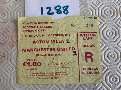 78/79 Aston Villa v Manchester United Football Ticket: League match ticket with season and score written. Fold and tiny piece off of top missing.