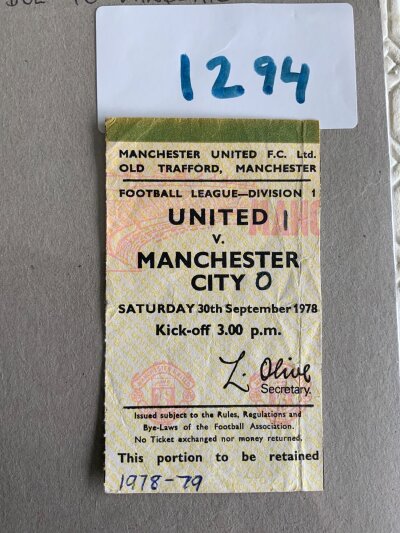 78/79 Manchester United v Manchester City Football Ticket: League match ticket with season and score written. Fold.
