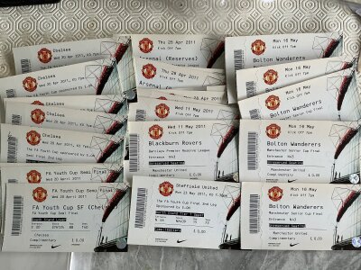 2010/11 Manchester United Home Reserve + Youth Football Tickets: Includes Bolton Manchester Senior Cup Final x 5, Youth Cup v Chelsea x 8, Sheffield United, reserves v Aston Villa, Arsenal, Blackburn. Duplication. (23)