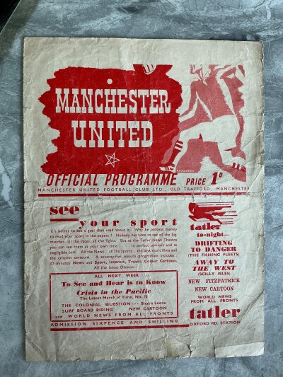 39/40 Manchester United v Tranmere Football Programme: Poor/fair condition league programme dated 30 3 1940 with no team changes. 4 pager has tears a piece missing from border and tape inside.