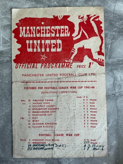 43/44 Manchester United v Wrexham Football Programme: Fair condition War Cup programme dated 11 3 1944 with writing to both sides. Single sheet has folding and creasing.