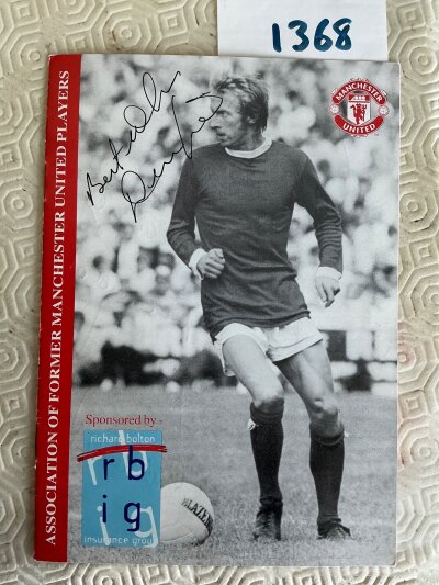 Manchester United Signed Football Menu: Former Players Association dinner to honour Denis Law signed to the front by him. The rear and inside is signed by around 20 to include Ferguson Crerand Sadler Crompton Gowling and many more.