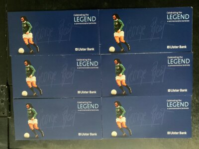 George Best Manchester United Bank Notes: From Ulster Bank in original envelopes featuring Best in Manchester United and Northern Ireland kit. There are nine 5 pound notes in 6 envelopes all in mint condition.