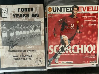 Manchester United Signed Football Programmes: 14 programmes of a modern era hand signed to front with 22 autographs including Beckham Keane Stepney and Contona on his testimonial programme. (14)