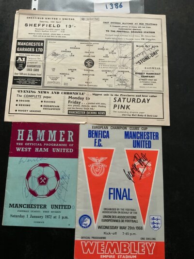 George Best Signed Manchester United Programmes: Reproduction 1968 European Final signed to cover by Best,  70/71 away West Ham signed to cover by Best Law and Charlton plus a 65/66 home signed to team page by Best and others. (3)