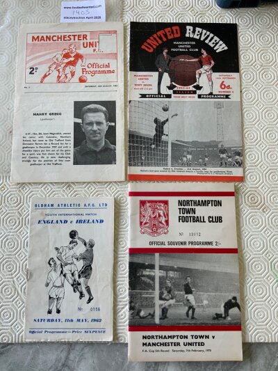 George Best Manchester United Debut Football Programmes: Full debut v West Brom 63/64, reserves debut v Sheffield Wednesday with token missing and receipt for 170 pounds. International debut for Ireland youth team v England in 1962 at Oldham plus the famous match where Best scored 6 v Northampton in the FA Cup in 69/70. Very good. (4)
