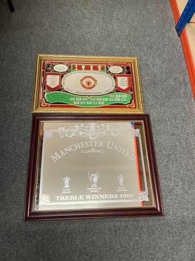 Manchester United Football Mirrors: 1999 large treble season mirror and a 1978 centenary mirror. Good. Not for posting. (2)