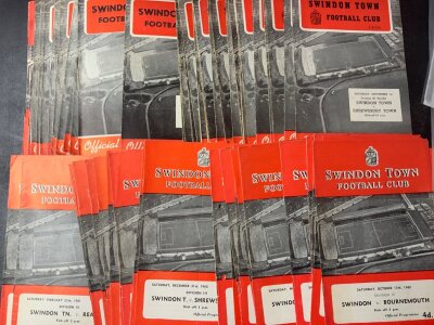 Swindon Town Home Football Programmes: 50 from the mid to late 50s with 350+ from the 60s decade with a further 100 from the early 70s. Excellent condition with duplication. (500+)