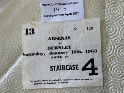 62/63 Arsenal v Burnley Postponed Football Ticket: Dated 12 1 1963 in good condition with fold with writing to rear. If you havent been lucky enough to obtain the programme this is a great substitute.
