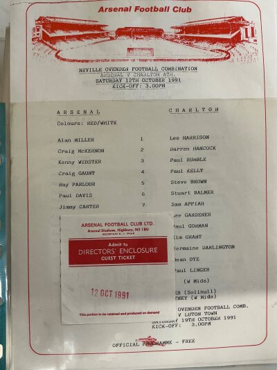 Arsenal Complete 91/92 Home Programmes Reserves + Tickets: All 1st team programmes and tickets plus reserves, team sheets and much more. Please note there is 1 ticket missing v Norwich. There are programmes and tickets for the Paul Davis testimonial and Makita Tournament. C/W reserves.
