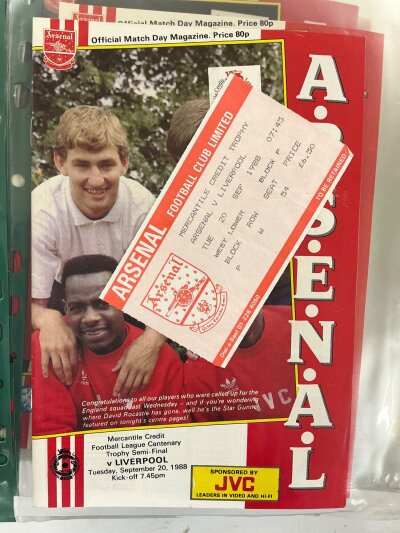 Arsenal Complete 88/89 Home Programmes Tickets: Championship season. All 24 1st team programmes and accompanying tickets in good condition. C/W programme and ticket for the Mercantile Credit trophy v Liverpool and tickets for International Tournament at Wembley. (50)
