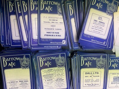 Barrow Home Football Programmes: 92 from the mid to late 50s with a further 200 spanning the 60s decade. Excellent condition with heavy duplication. Spotted at least one 1961 Lancashire cup v Southport, 1963 Lancashire cup v Preston, 1959 v Wolves FA Cup, 62/63 Workington League Cup. (est 300)