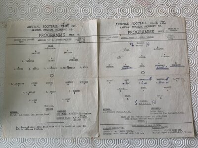 60/61 Arsenal Practice Match Football Programmes: Single sheets Reds v Whites dated 13 8 1960 with team changes plus Arsenal A v Arsenal Youth dated 8 8 1960 which is unwritten. (2)
