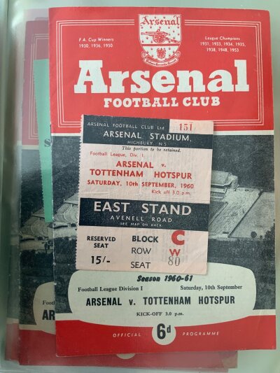 60/61 Arsenal Home Football Programmes + Tickets: Includes all 21 league programmes plus a friendly. C/W 18 tickets which include Tottenham Preston Birmingham Newcastle and Aston Villa..Very good. (40)