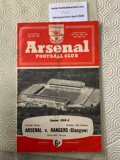 58/59 Arsenal v Rangers Postponed Football Programme: Dated 28 10 1958 in good condition with light fold and ticks to team page.